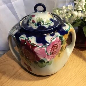 Antique Pre-Nippon 1800's Royal Nippon Hand-Painted Floral Cobalt Biscuit Jar